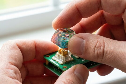 Hands placing a custom colorful resin keycap onto a mechanical keyboard switch