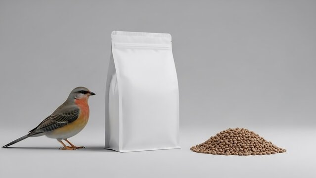 A small bird stands next to a white bag of birdseed and a pile of seeds.