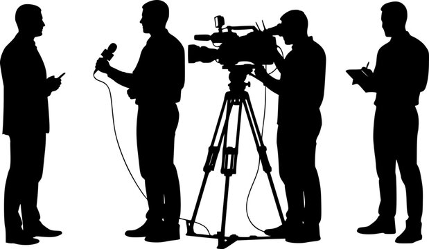 Silhouette vector illustration of news reporters and cameramen working together, broadcasting live television interview, media journalism concept, communication and press coverage scene