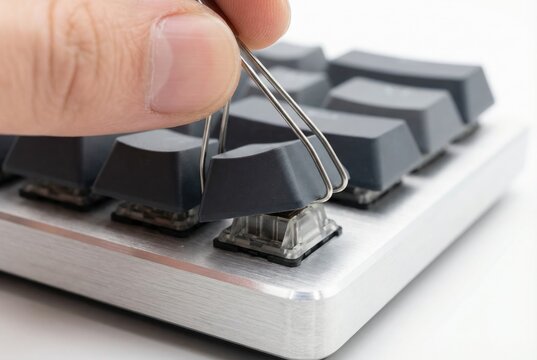 Hand using a wire puller tool to remove a keycap from a mechanical keyboard
