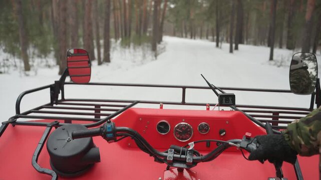 Red atv dash on pine trail, forest ranger perspective with steady hands on handlebars, dashboard gauges and mirror visible, safety gear and helmet implied, serene winter light, quiet woods patrol