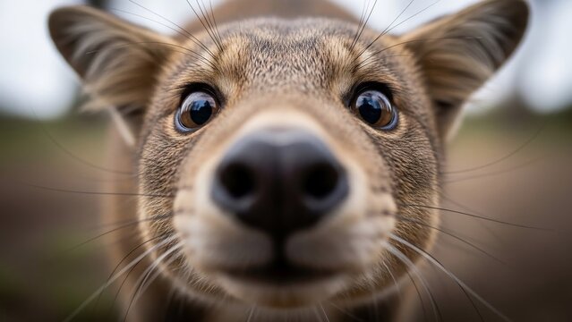 Close-up of a curious dingo with wide eyes and a wet nose.