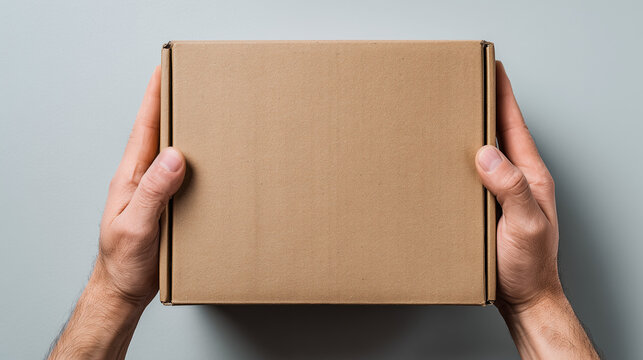 Male hands holding cardboard delivery box on gray background, packaging and shipping concept