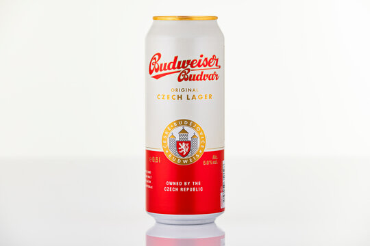 Budweiser Budvar Czech lager beer can photographed in studio on white background. Imported European beer sold in Germany. Illustrative editorial.