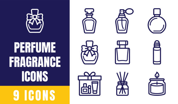 Perfume and Fragrance Icons Set &ndash; Outline Vector Pack with Bottles, Spray, Gift Box, Reed Diffuser, Candle and More