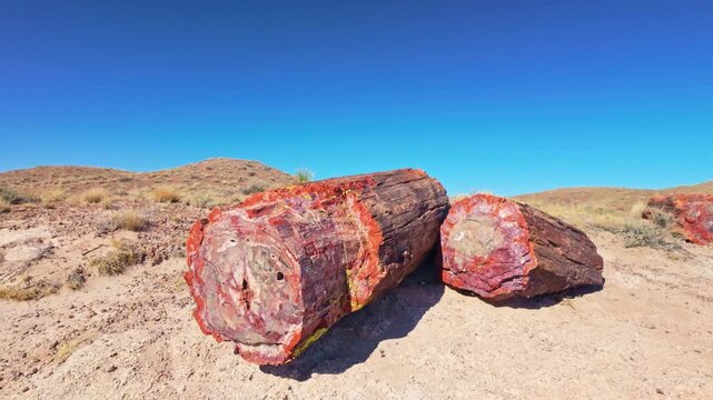 Petrified wood logs with vibrant colors lie across desert terrain at Jasper Forest Trail in Petrified Forest National Park Arizona