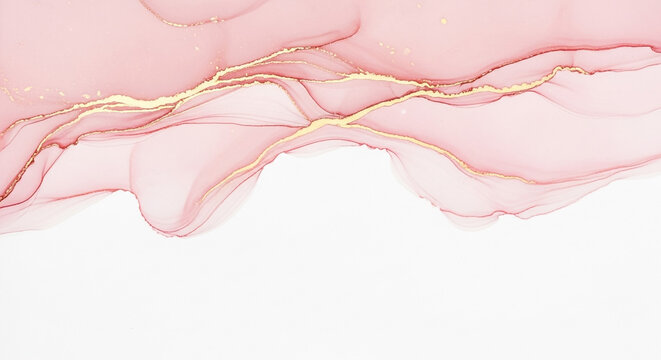A vibrant abstract background featuring flowing pink alcohol ink waves with glittering gold accents on a white canvas.