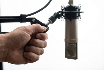 Fototapeta premium Hand adjusting the boom arm of a professional studio condenser microphone
