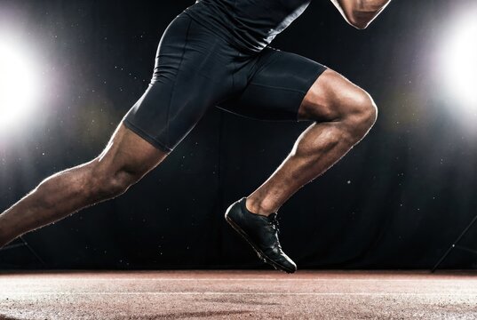 Close up of a muscular sprinter legs launching off the starting block on a track