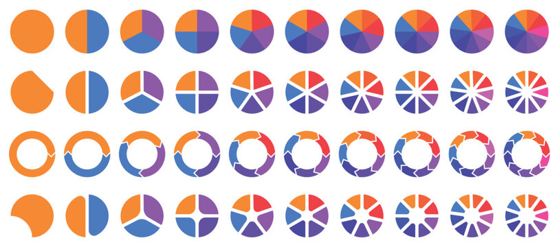 Set of colorful pie charts. Colorful pie charts with varying segments. Circle section graph. donut and pie chart infographic elements set. Set of colorful pie charts with varying segments.