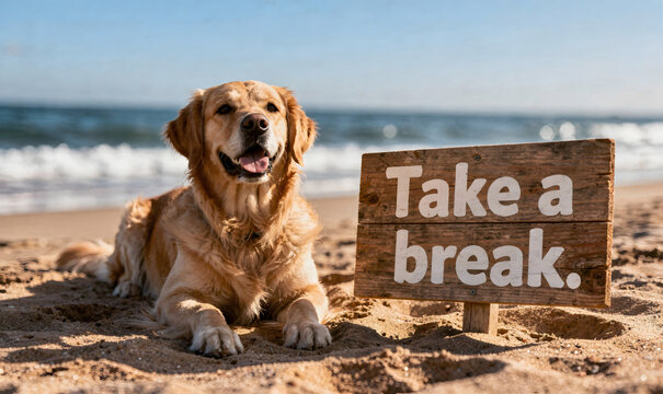 Golden Retriever dog, relaxed, happy, and content, enjoying leisure time on a sandy beach by the ocean, with a wooden sign for a perfect break