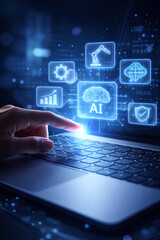 Obraz premium close-up of human hand using laptop with glowing holographic ai icons, futuristic blue lighting and digital interface, ideal for tech innovation, automation, and modern business visuals., 