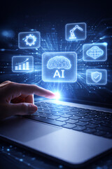 Obraz premium Close-up of human hand using laptop with glowing holographic AI icons, futuristic blue lighting and digital interface, ideal for tech innovation, automation, and modern business visuals.