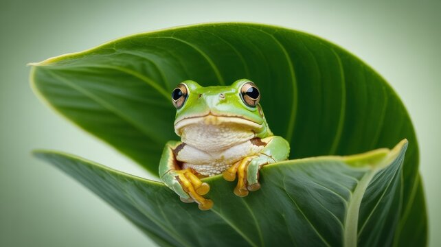 A small green frog perches on a large leaf looking directly forward with its front legs resting on the leaf's edge and big round eyes