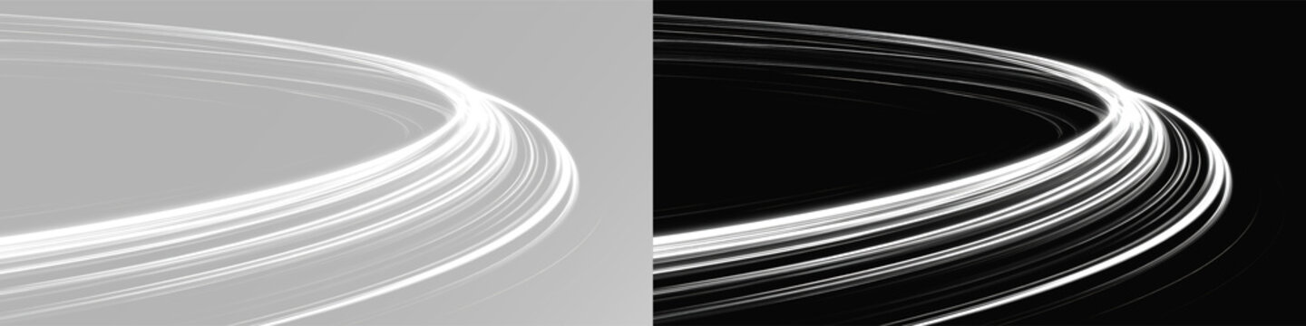 White speed motion lines, futuristic light trails on black and grey backgrounds