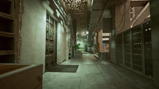 dim concrete corridor with lockers planter and overhead lattice bathed in greentinted light, soft shadows fall on worn floor and metal shelf, empty passage