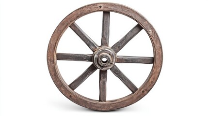 Obraz premium Rustic wooden wheel rests quietly under soft daylight, revealing its timeless craftsmanship and stories of journeys long past