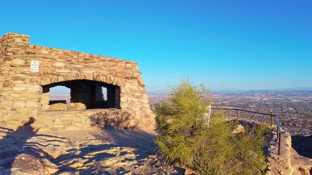 Elevated view from Dobbins Lookout shows Phoenix skyline within South Mountain Park and Preserve in Arizona