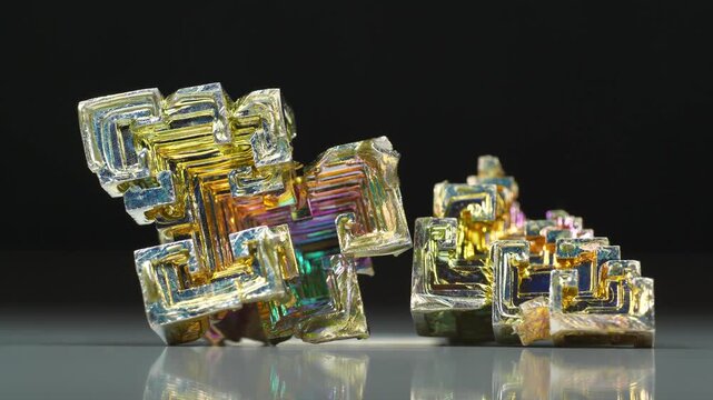 Bismuth crystals. Bismuth - chemical element with symbol Bi and atomic number 83. Post-transition metal and one of pnictogens. Synthesized bismuth crystal. Iridescent coloration is due to oxide film
