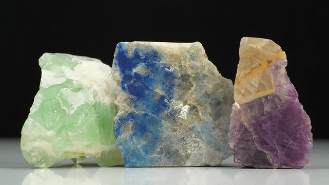 Natural minerals - blue lazurite or Azure spar, green and violet fluorites