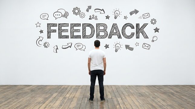 Businessman stands before a large white wall displaying the word feedback surrounded by various hand-drawn icons representing communication and professional growth in a modern office environment.