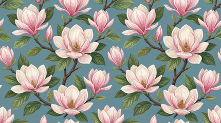 Beautiful pink magnolia flowers with green leaves on blue background floral pattern blooming blossoms nature design © craftsby.ib