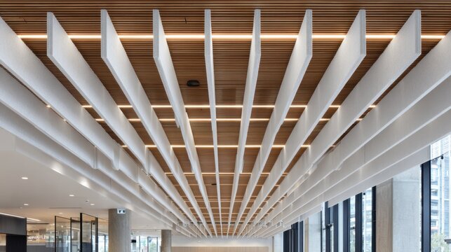 Closeup of acoustic ceiling baffles installed in a hospital corridor focusing on textured materials that minimize sound reflection while surrounding areas stay softly out of focus.