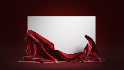Naklejka na ściany i meble A luxurious red silk cloth is pulled back to reveal a blank white screen, perfect for presentations or announcements. Blank white board with copy space. 