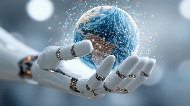 Robotic hand holds a hologram of Earth during a display of technology in a futuristic setting