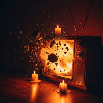Retro TV exploding with floating debris and candles