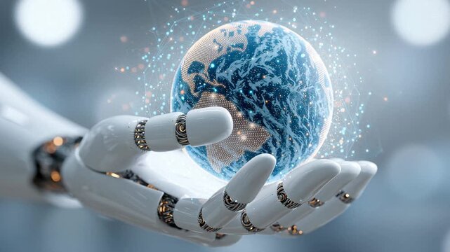 Robotic hand holds holographic Earth graphic in a digital environment showing advanced technology and global focus