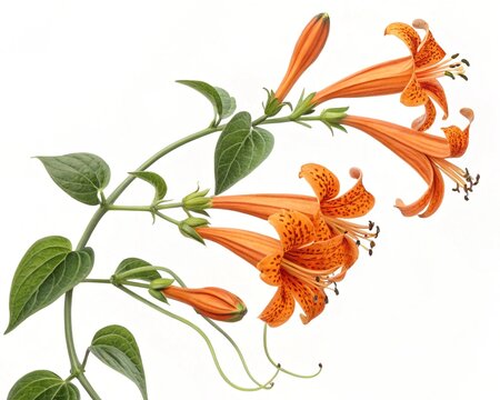 Bomarea &ndash; Orange bomarea climbing lily tubular spotted blossoms on vine, isolated on white background.