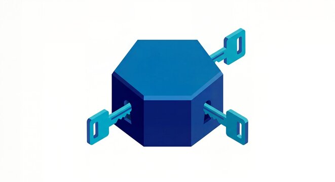 Solid geometric hexagonal block 3D render secured by three inserted keys representing multi factor authentication and joint access control