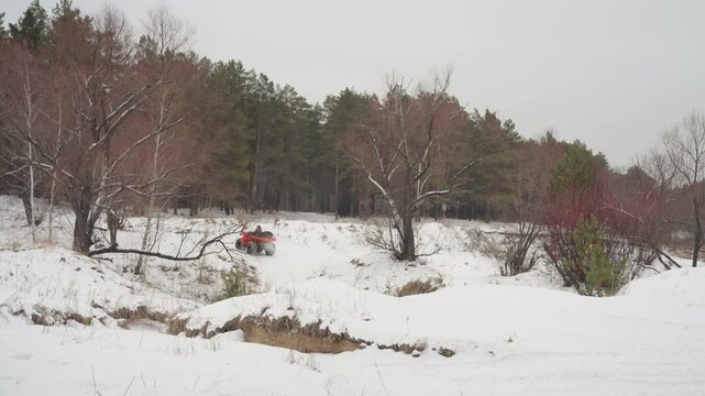 Red atv racing across snowy clearing high octane sprint with aggressive drift near birch and pine, engine roar, spray of snow, close framing, dynamic motion blur, intense adrenaline, ideal for extreme