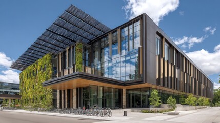 Fototapeta premium Medium shot of a sustainable outpatient center facade highlighting solar shading panels with blurred green roof and bike racks under a bright sunny sky.