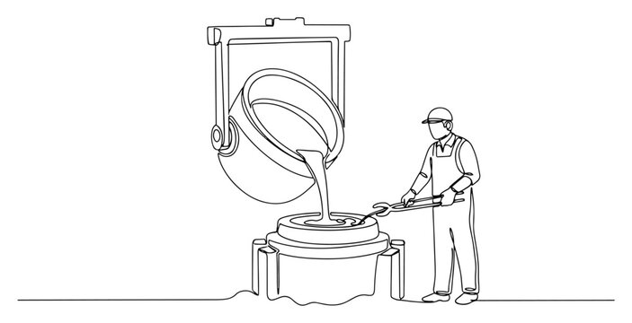 Minimalist one line drawing of a foundry worker pouring molten liquid metal into a industrial mold