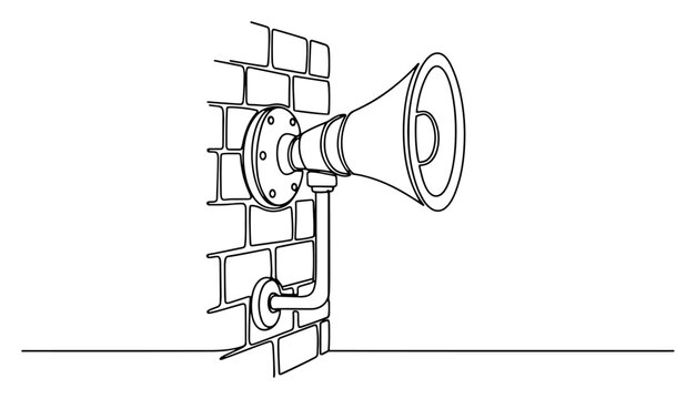 Continuous line art of an industrial emergency siren horn mounted on a brick wall