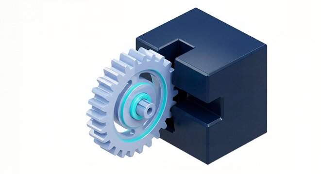 Geometric 3D render of a mechanical gear inserting into a solid slotted cube representing system integration and technical hardware implementation