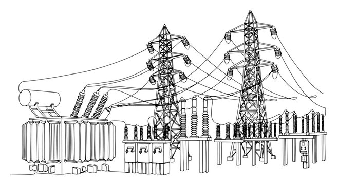 Continuous line drawing of an electrical power substation with high voltage pylons and transformer