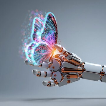 Human hand reaches out to touch colorful digital butterfly in a creative digital setting during daylight hours