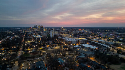 Fototapeta premium Aerial view of downtown Raleigh North Carolina at sunset 
