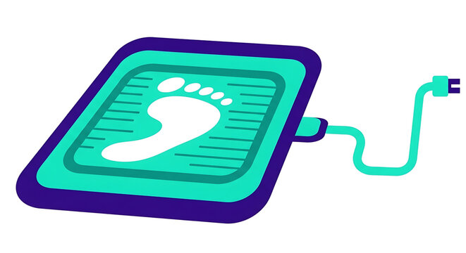 A vector graphic illustration of a digital scale with a foot print on its screen and a cable plugged in