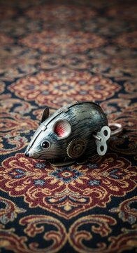 Vintage clockwork mouse toy on patterned carpet in retro setting