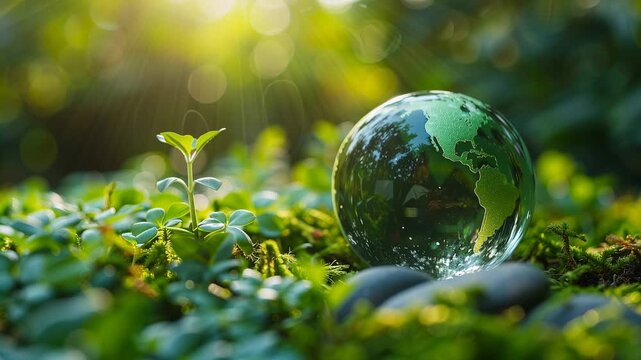 Sustainable development concept shows a green globe among plants in sunlight on a natural surface