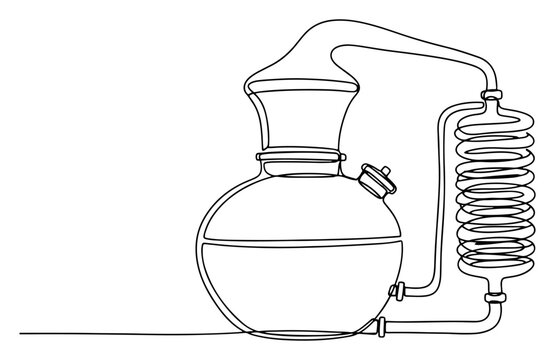 Continuous line drawing of a chemical distillation apparatus with a glass flask and spiral condenser coil