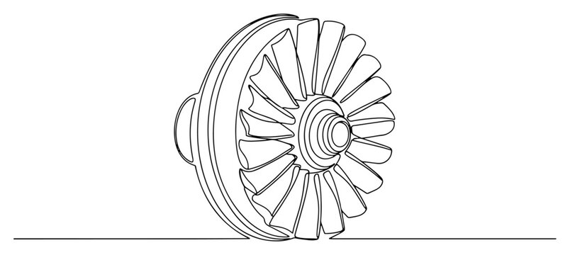 Single continuous line drawing of a mechanical turbine wheel or jet engine impeller part