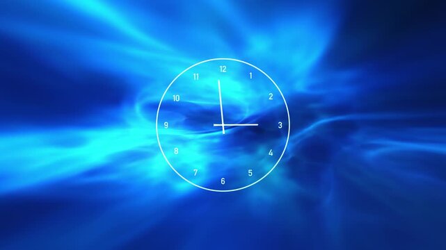 Abstract concept of time travel with glowing clock over blue light waves, symbolizing past, present, and future in a dynamic futuristic flow. Seamless looping animation.