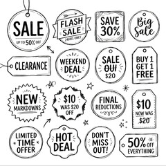 Obraz premium Hand-Drawn Sale Tag Collection with Sketch Style Discount Labels, Clearance Signs, and Promotional Stickers for Designers and E-commerce Marketing