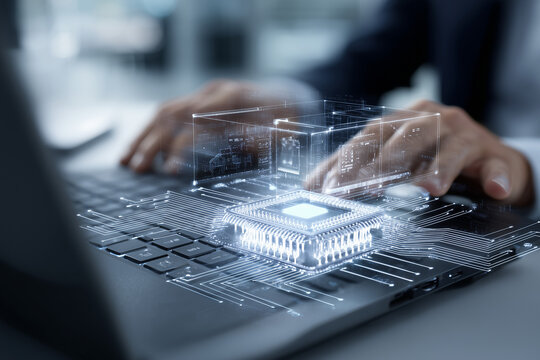GPU acceleration concept showing businessman using laptop with graphic processing unit interface. High performance computing, data processing, parallel computing, and hardware optimization technology