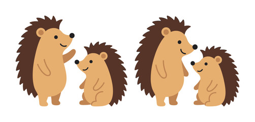 Obraz premium A charming set of cute hedgehog parent and child characters. Adorable flat vector illustrations for family, love, and nursery themes. Perfect for kid's design.